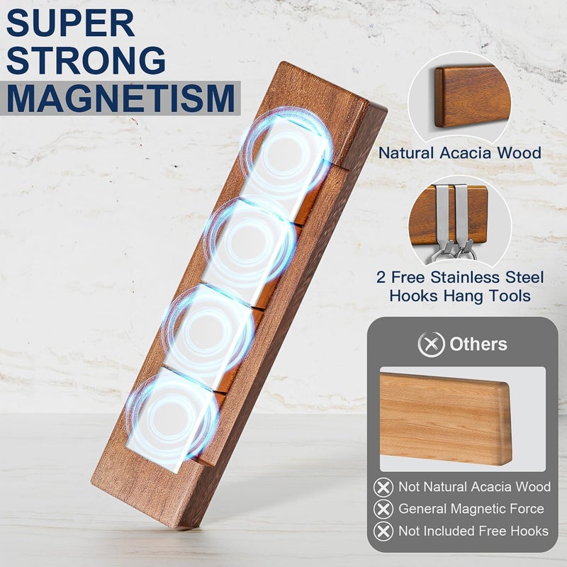 ENOKING Magnetic Knife Holder for Wall, 10 Inch Powerful Magnetic Knife Holder for Refrigerator, Knife Magnetic Strip No Drilling Acacia Wood Wall Knife Holder Magnet Magnetic Knife Bar with 2 Hooks - Image 3